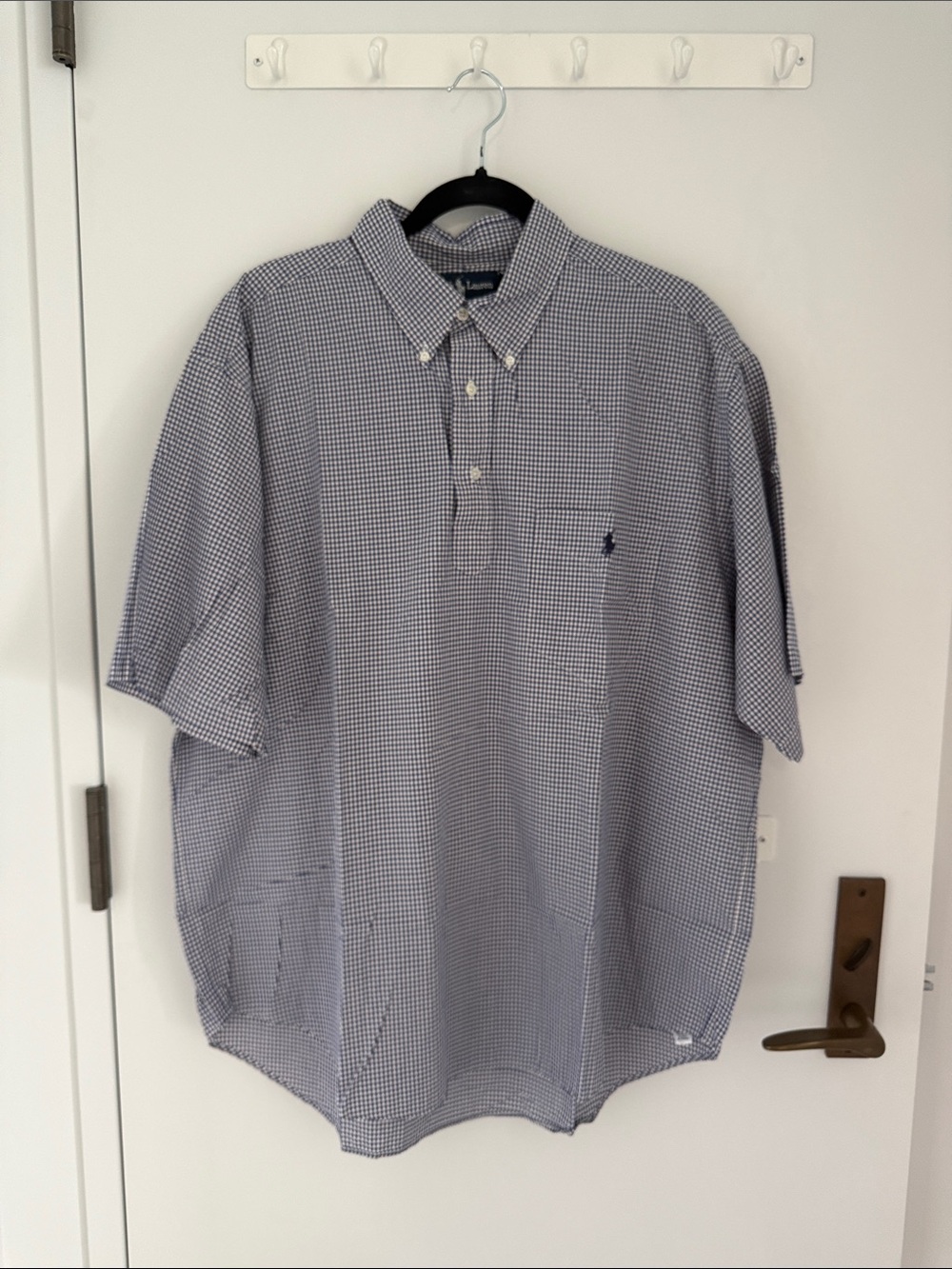 Ralph Lauren Blue and White Gingham Short-Sleeve Quarter Placket Shirt